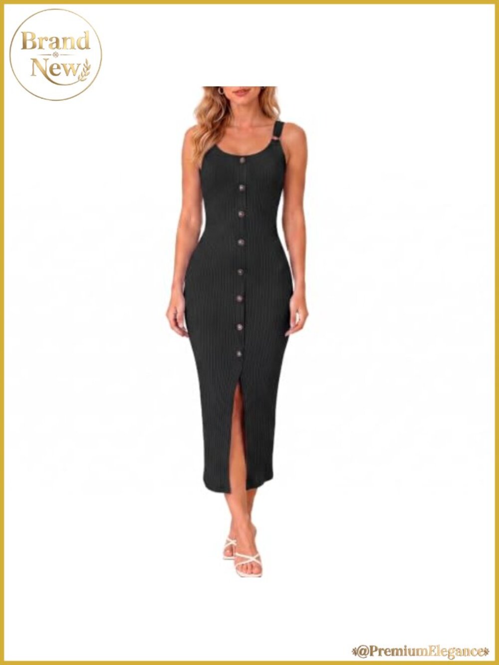 Ribbed Bodycon Midi Dress Sleeveless Button Front Slit Summer Club Dress